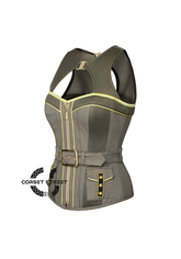 Army Green Cotton With Mesh Military Costume Steampunk Overbust Corset Top